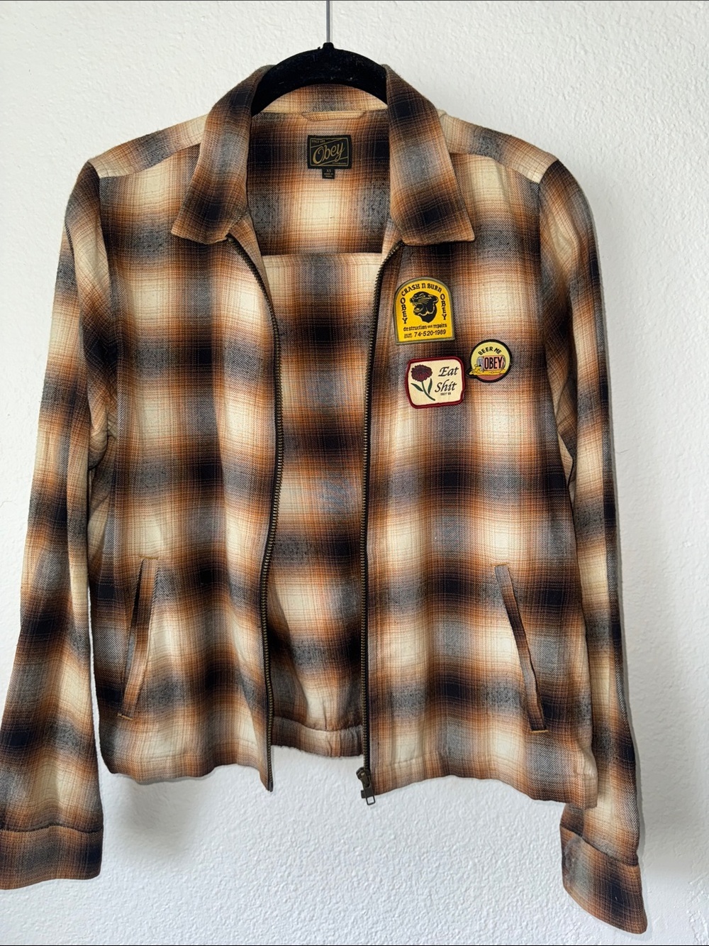 Obey Women's Brown Plaid Zip flannel Jacket with Patch Details